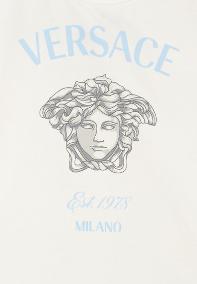 White cotton shirt featuring a gray Medusa graphic and blue "VERSACE" text, with "Est. 1978" and "MILANO" printed below.