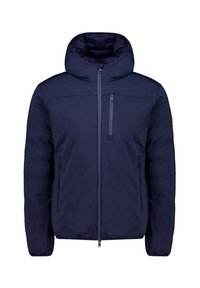 Giacca puffer blu navy con cappuccio, chiusura frontale con zip, tasche sul petto e laterali, e una finitura liscia. Presenta un logo sulla manica.