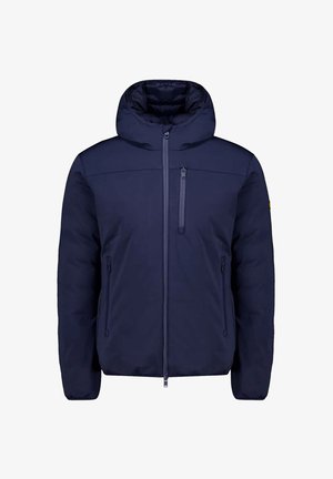 Giacca puffer blu navy con cappuccio, chiusura frontale con zip, tasche sul petto e laterali, e una finitura liscia. Presenta un logo sulla manica.