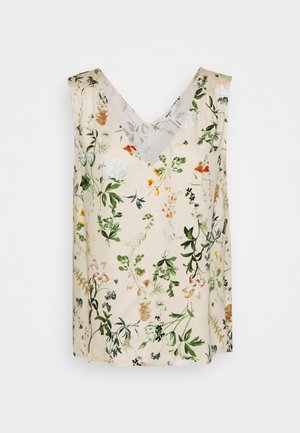Top beige sin mangas con escote en V, decorado con un estampado floral botánico multicolor que presenta hojas verdes y pequeñas flores.