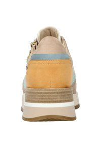 Sneakers with a beige, orange, and blue suede upper, featuring a textured light brown platform and a white stripe accent on the sole.