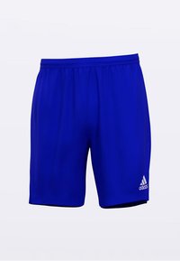 Mėlyni sportiniai šortai iš lengvos medžiagos, su elastingu juosmeniu ir mažu baltu Adidas logotipu apatiniame dešiniajame kampe.