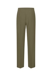 Olive green trousers with a straight-leg design, featuring two front pleats and a smooth texture, made from lightweight fabric.
