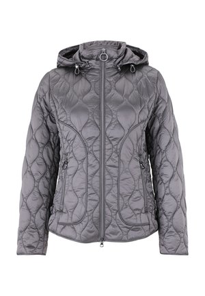 Grau gesteppte Jacke mit Kapuze, ausgestattet mit einem Frontreißverschluss und seitlichen Reißverschlusstaschen. Der Stoff hat eine glatte Textur und ein gewelltes Muster.