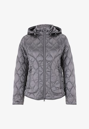 Kurtka pikowana w kolorze szarym z kapturem, z zamkiem błyskawicznym z przodu i bocznymi kieszeniami na zamek. Materiał ma gładką fakturę i falisty wzór.