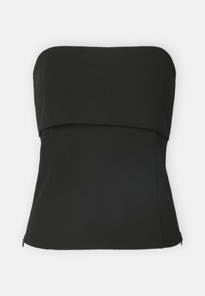 Black strapless top made of smooth fabric. Features a fitted design with a slightly flared hem and no visible hardware or patterns.