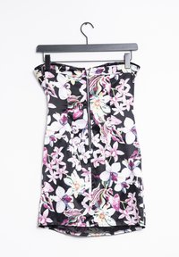 Abito nero senza spalline con silhouette aderente, decorato con motivi floreali colorati in rosa, viola e bianco. Presenta una cerniera frontale.