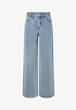 Lyseblå højtaljede jeans med vid ben, forlommer og knap- og lynlåslukning, lavet af klassisk denimstof.