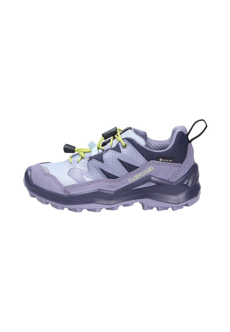 Scarpa da trekking viola con tomaia in rete, suole in gomma e lacci di un verde chiaro a contrasto. Presenta un pull tab e accenti laterali testurizzati.