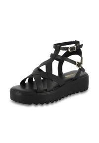 Sandali platform neri con multiple cinghie incrociate, fibbie regolabili, texture liscia e un suola spessa e zigrinata.