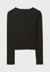 Schwarzes Langarmshirt mit Rundhalsausschnitt, verkürztem Saum und weicher, glatter Textur. Einfaches Design ohne Verzierungen.