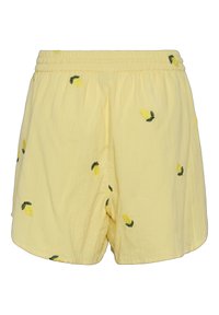 Žluté bavlněné šortky s elastickým pasem, které mají rozptýlené zelené vyšívané motivy citronů po celé látce.