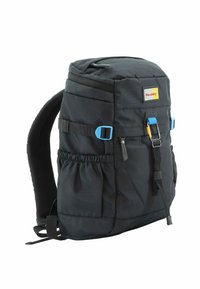 Mochila negra hecha de tela duradera, con acentos azules, correas ajustables, múltiples bolsillos y un bolsillo lateral con cordón.