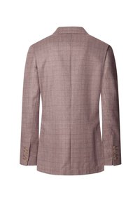 Blazer à carreaux marron avec un col structuré, coupe ajustée, manches longues et détails à trois boutons sur les poignets. La texture semble lisse.