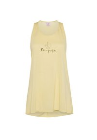 Gul ærmeløs tanktop med et flydende design, der har et printet "Re-pose" grafik i en kontrastfarve på forsiden.