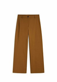 Pantalon à jambes larges de couleur marron chaud, doté d'une fermeture à boutons, d'un devant plat et d'une texture lisse. Lignes épurées sans motifs visibles.