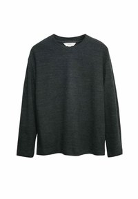 Ciemnoszara koszula z długim rękawem, wykonana z miękkiego materiału, z okrągłym dekoltem i luźnym krojem. Brak widocznych wzorów lub akcentów. Prosty design.