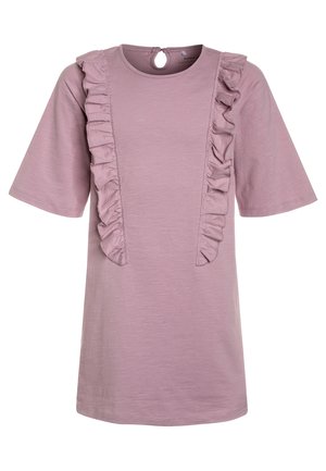Helllila kurzärmeliges Kleid mit gerafften vertikalen Details auf der Vorderseite und einem runden Ausschnitt mit kleinem Schlitz und Knopfverschluss.