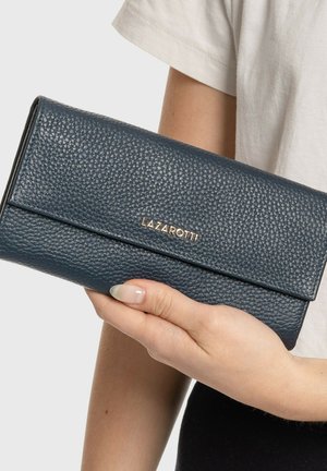 Navy blue leather wallet with a textured finish, featuring a magnetic flap closure and gold embossed brand name "LAZAROTTI."