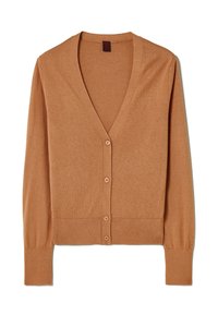 Brązowy kardigan z dekoltem w serek, wykonany z miękkiej tkaniny, z zapięciem na guziki, długimi rękawami oraz ściągaczami na rękawach i u dołu. Prosty i funkcjonalny design.
