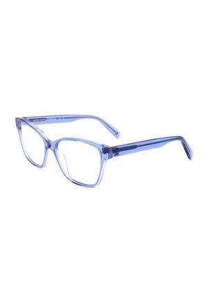 Montature per occhiali rettangolari trasparenti di colore viola chiaro con aste leggermente curve, angolate per mostrare la vista frontale e laterale su sfondo bianco.