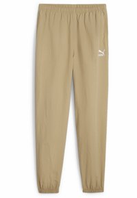 Beige sweatpants met een elastische tailleband, opgesmukte enkels en een wit Puma-logo op het linkerbeen. Lichtgewicht, gladde stof.