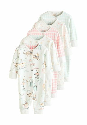 Cinco bodies para bebé de suave algodón, con ilustraciones de circo juguetonas. Los colores incluyen blanco, rosa y azul claro, con puños en contraste.