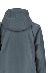 Giacca impermeabile grigia con cappuccio, caratterizzata da una texture liscia e un design pulito. La vista posteriore mostra assenza di tasche o abbellimenti visibili.