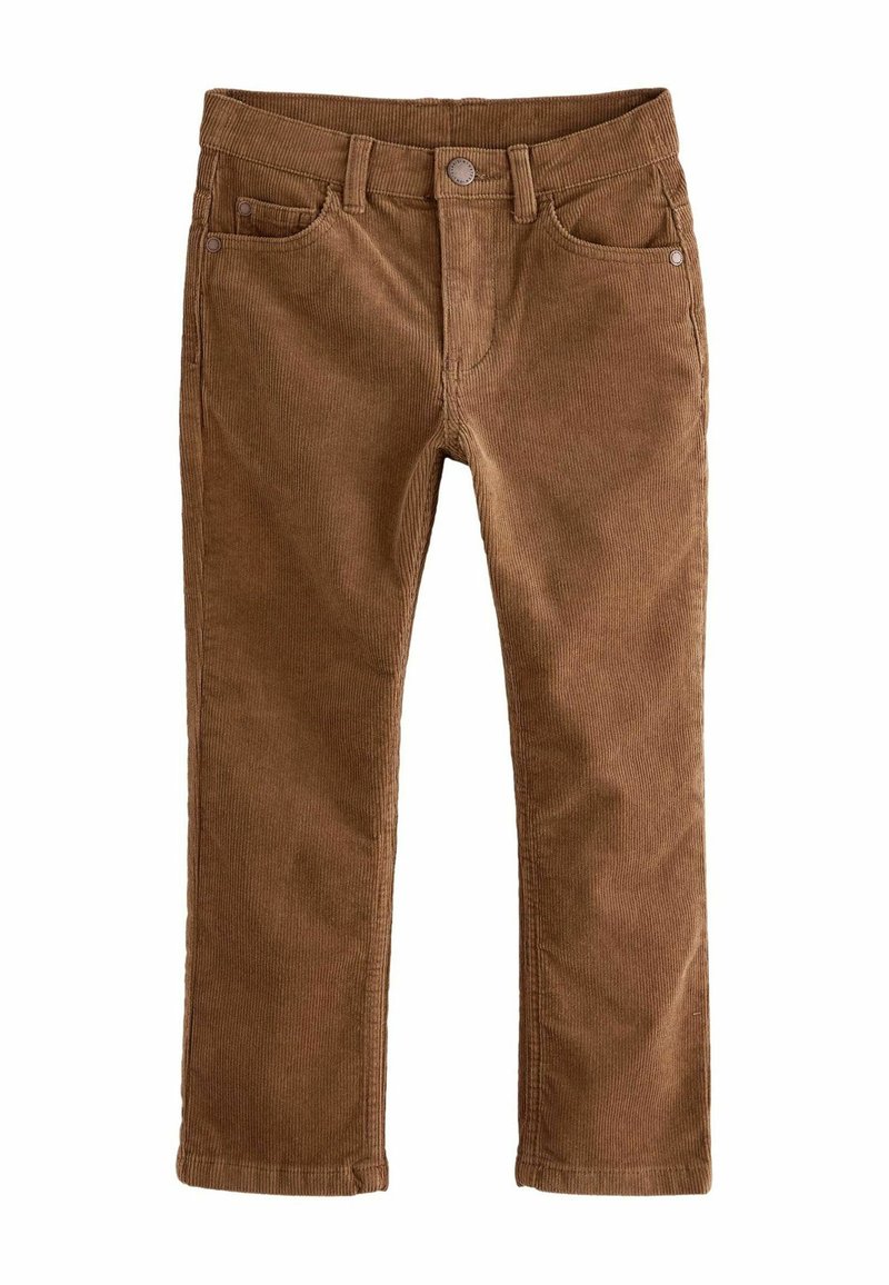 Pantalon en velours côtelé marron avec bouton avant, fermeture éclair, passants de ceinture et cinq poches, posé à plat sur fond blanc.