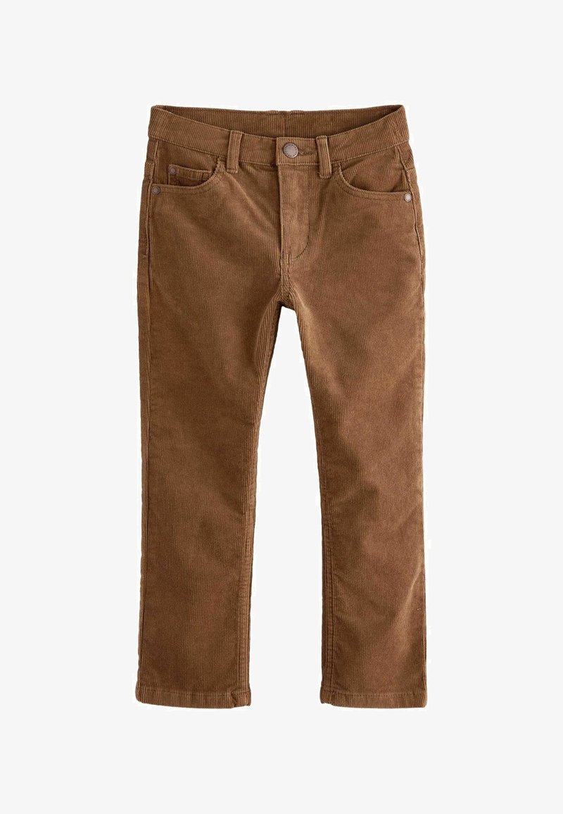 Pantalones de pana marrón con botón frontal, cremallera, pasadores para cinturón y cinco bolsillos, extendidos sobre un fondo blanco.