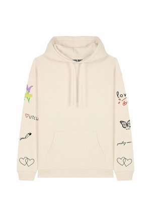 Felpa crema con tasca frontale, cappuccio regolabile con cordino e grafiche assortite in nero, verde e lavanda su maniche e petto.