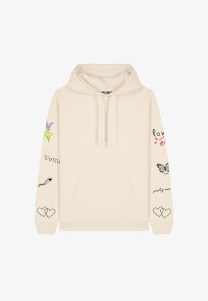 Felpa crema con tasca frontale, cappuccio regolabile con cordino e grafiche assortite in nero, verde e lavanda su maniche e petto.
