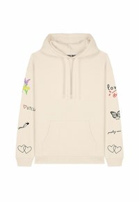 Beige hoodie features a drawstring hood, a kangaroo pocket, and various printed designs, including a butterfly and text accents on both sleeves.