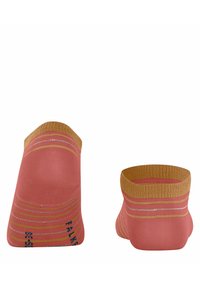Roze enkelsokken met een gouden gestreepte boord en kleine blauwe tekstdetails. Gemaakt van een zachte, gestructureerde stof voor comfort tijdens het dragen.
