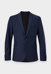 Granatowa marynarka uszyta z gładkiego materiału, z klapami w kształcie notcha, dwoma guzikami i bocznymi kieszeniami. Eleganckie wykończenie szwów na rękawach.