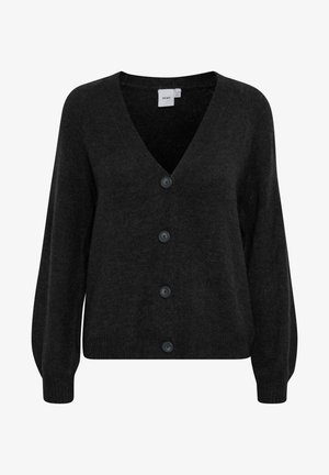 Tamsiai pilkas V formos megztinis, pagamintas iš švelnios medžiagos, su penkiais dideliais juodais mygtukais ir pūkuotomis rankovėmis, suteikiančiomis laisvą siluetą.