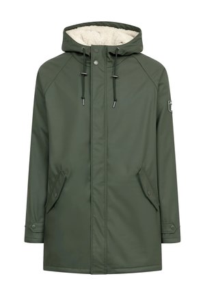Chaqueta verde oliva con capucha y forro interior suave, que cuenta con bolsillos con botones y un cierre frontal, diseñada para el calor y la comodidad.