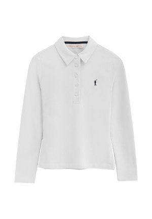 Polo bianca a maniche lunghe con cinque bottoni e un piccolo logo nero di giocatore di polo sul petto sinistro.