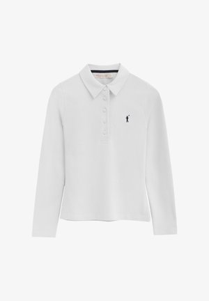 Polo blanc à manches longues avec cinq boutons et un petit logo noir de joueur de polo sur la poitrine gauche.
