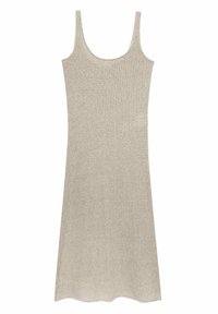 Robe tricotée côtelée beige avec des fines bretelles, un décolleté arrondi et un ourlet évasé, présentant une texture douce et des variations de couleur subtiles.