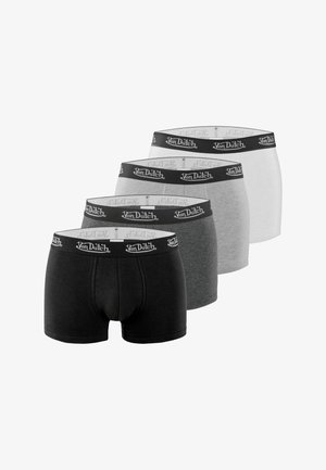 Quatre paires de boxers en noir, gris foncé, gris clair et blanc. Chaque paire est dotée d'une ceinture élastique noire avec un motif de logo.