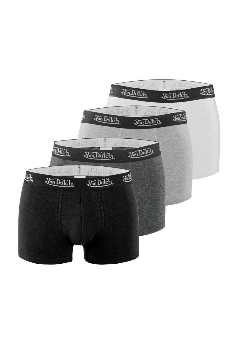 Quatre paires de boxers en noir, gris foncé, gris clair et blanc. Chaque paire est dotée d'une ceinture élastique noire avec un motif de logo.