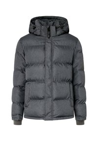 Siva puffer jakna s kapuljačom, koja ima kviltani dizajn, elastične manžete i prednji patentni zatvarač. Mekani, izolirani materijal.