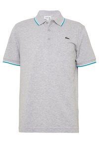 Grå polo skjorta i bomull med krage, tre knappar framtill och teal detaljer på kragen och ärmarna.