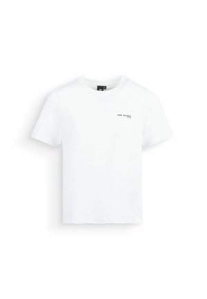 T-shirt bianca a maniche corte con scollo rotondo e piccolo testo nero "NO NAME" sul petto in alto a sinistra.