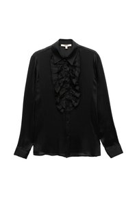 Sort langærmet bluse i glat stof, der har en rynket frontdetalje, spidse kraver og knaplukning ned langs midten.