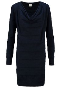 Klänning med lång ärm och krage av typ cowl i marinblått tyg med strukturerade horisontella ränder och ribbad nederkant. Har logotypdetalj på ärmen.