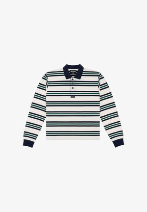 Langarm-Polohemd mit weißen, grünen und schwarzen horizontalen Streifen, navyblauem Kragen und Knopfleiste vor weißem Hintergrund.