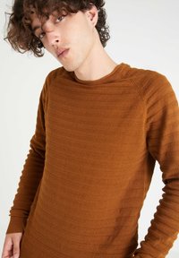 Suéter marrón a rayas con un diseño de punto texturizado, escote redondeado y mangas largas, con puños y dobladillo acanalados.