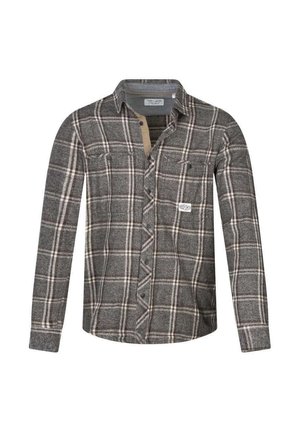 Chemise en flanelle grise à manches longues avec un motif à carreaux blanc et marron, boutonnée sur le devant, deux poches poitrine et une petite étiquette de marque en tissu sur la poche gauche.